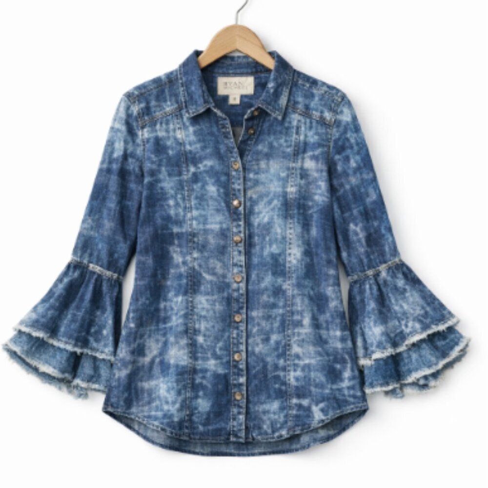 Ryan Michael Indigo Blue Tiered Sleeve Western Button Down Shirt Size Medium